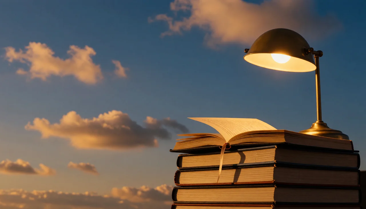 Cinematic photograph for recorded lectures: a stack of notebooks under a brass lamp, light trailing onto an open page.