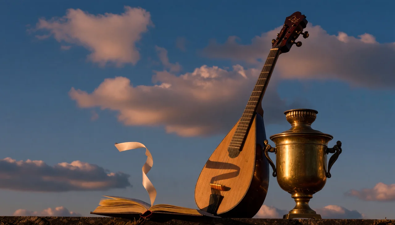 Cinematic photograph for Russian audio: a balalaika leaning against a brass samovar, sound curling into an open book.