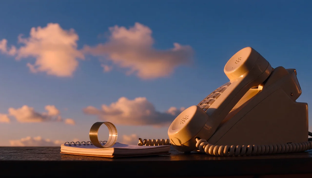 Cinematic photograph for sales calls: a telephone handset beside a notepad, tape looping into an open book.