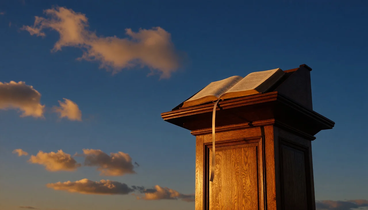 Cinematic photograph for sermons: a wooden pulpit with an open hymnal, light trailing into a second open book.