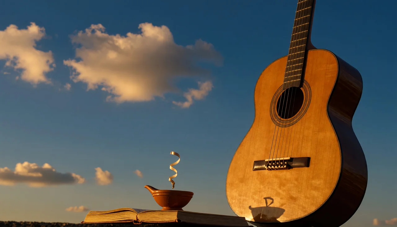 Cinematic photograph for Spanish audio: a classical guitar and a clay oil lamp, sound curling into an open book.