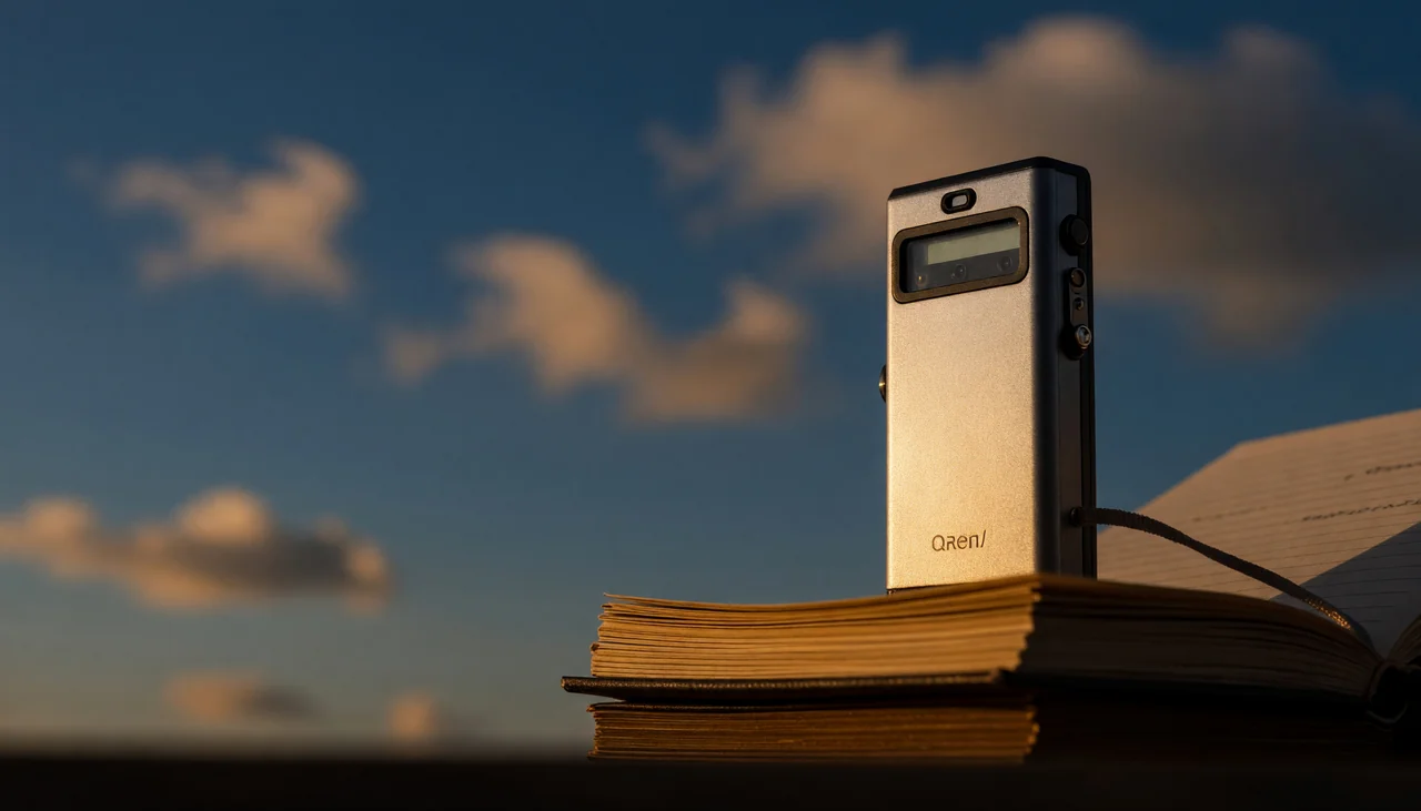 Cinematic photograph for study voice notes: a pocket recorder beside flashcards, sound curling into an open notebook.