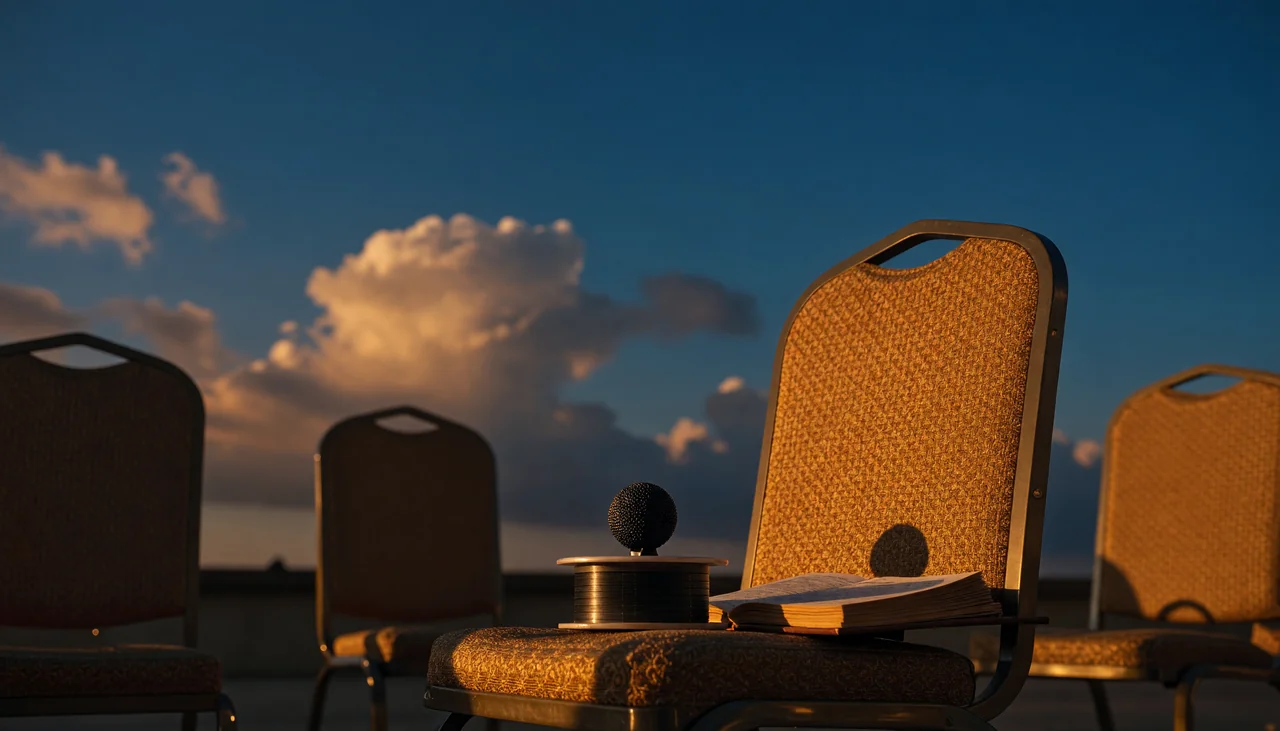 Cinematic photograph for team meetings: a round conference microphone among chairs, tape spooling into an open book.