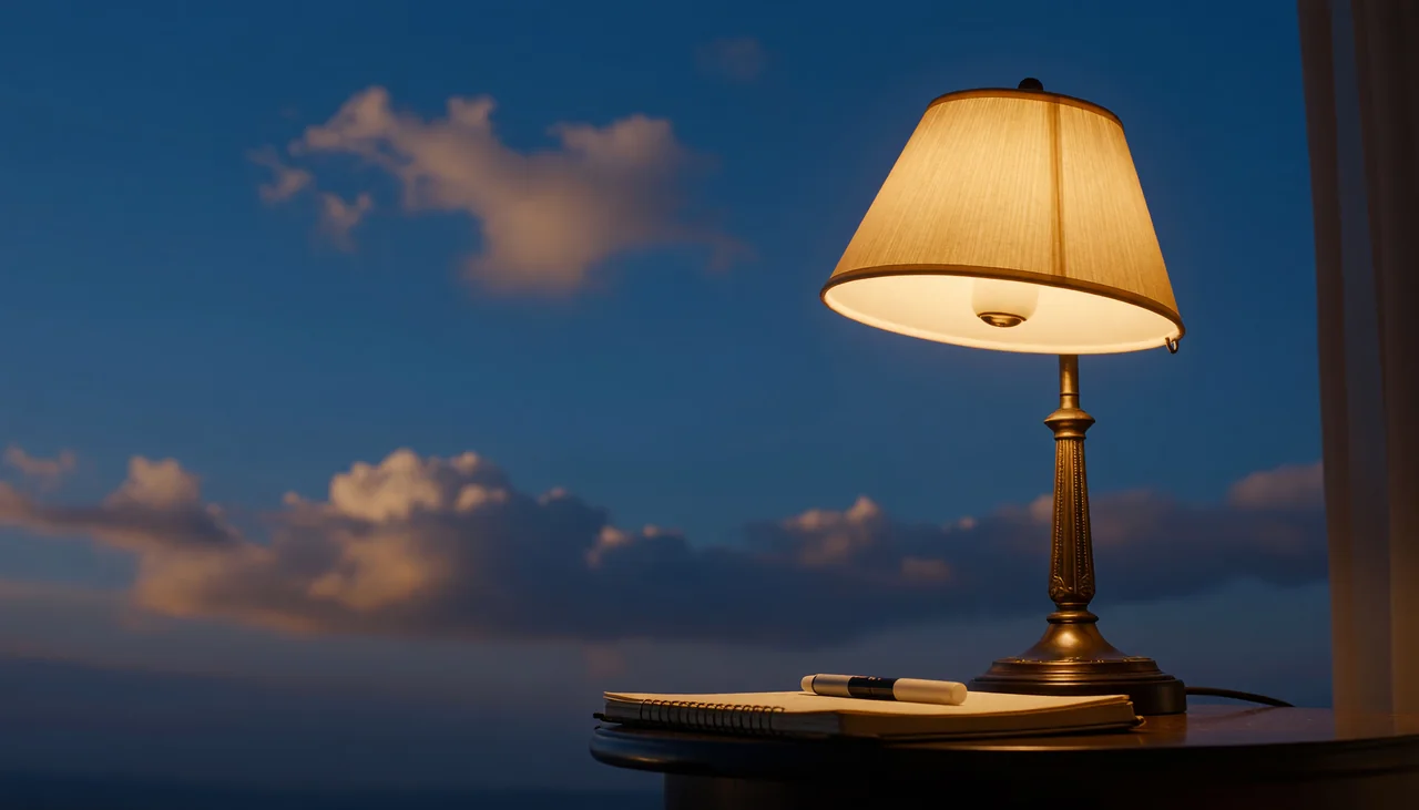 Cinematic photograph for therapy session notes: a shaded lamp beside a closed notebook with a ribbon marker.