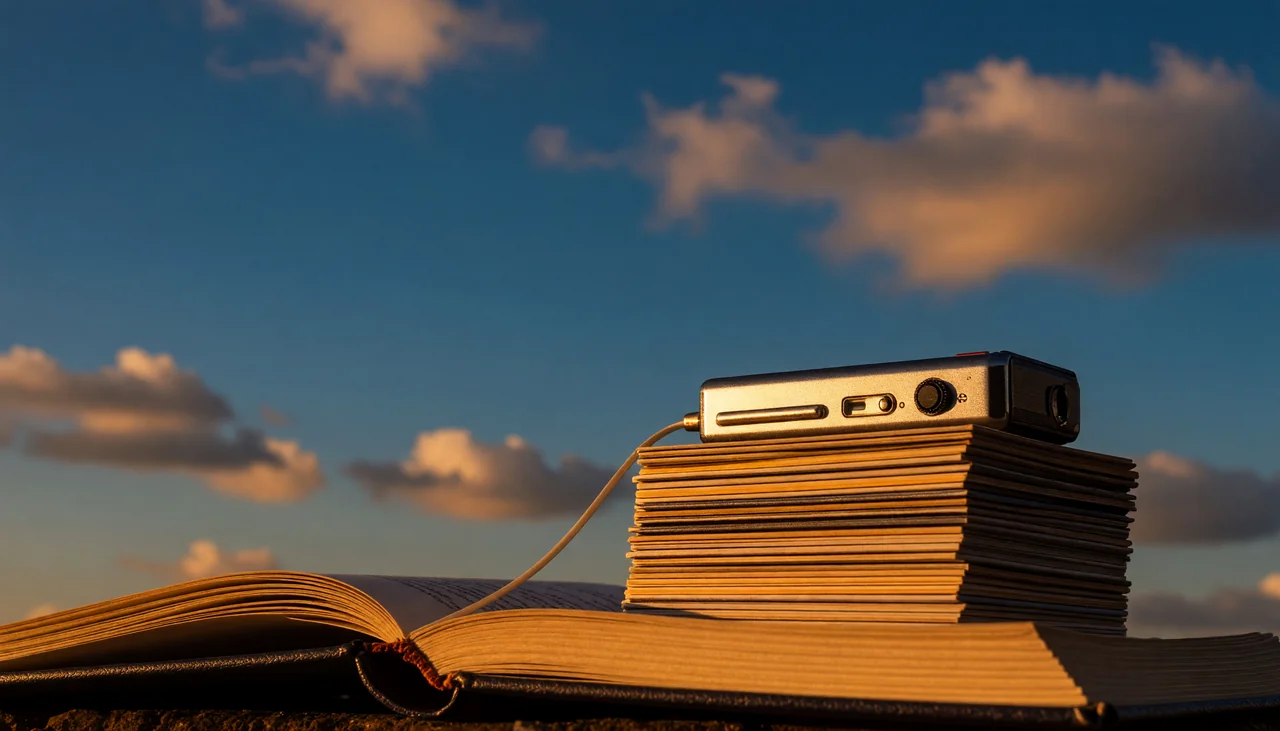 Cinematic photograph for thesis interviews: a portable recorder on a stack of index cards, tape trailing into an open book.