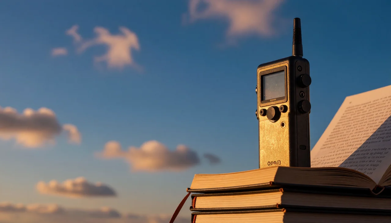 Cinematic photograph for voice memos: a small handheld recorder with sound trailing into an open book.