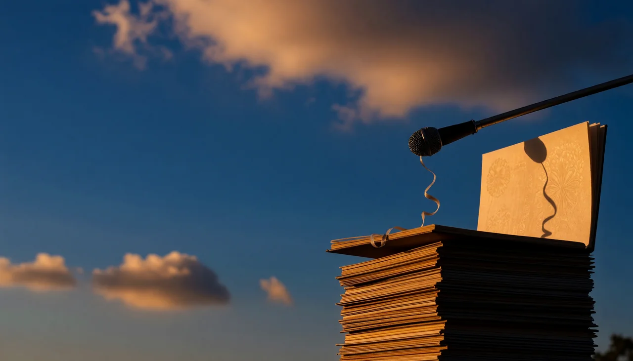 Cinematic photograph for webinars: a microphone on a boom arm beside presentation cards, sound curling into an open book.