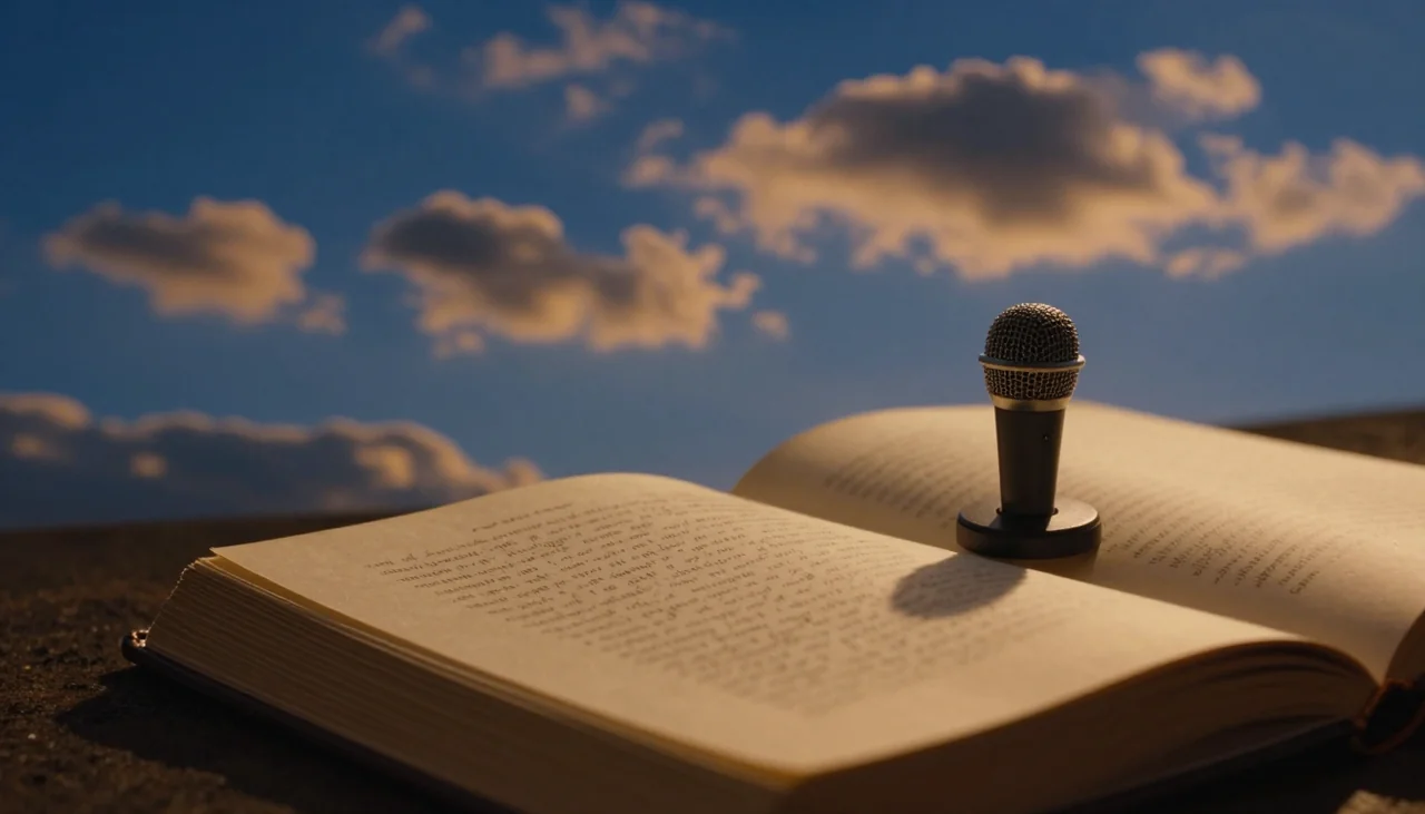 Fotografía cinematográfica para audio a texto: un micrófono de escritorio en la colina con líneas de sonido que se convierten en escritura sobre un libro abierto.