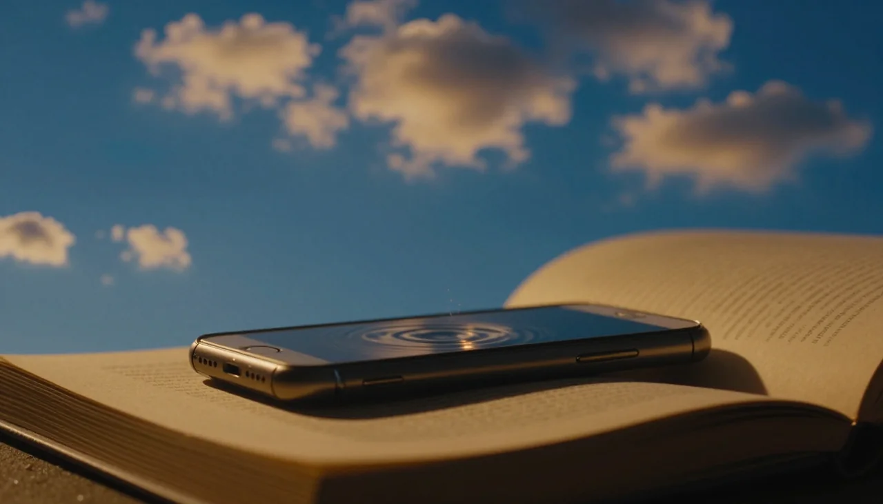 Fotografía cinematográfica para audio de WhatsApp: un teléfono inteligente boca arriba con ondas de sonido que se transforman en escritura dentro de un libro abierto.