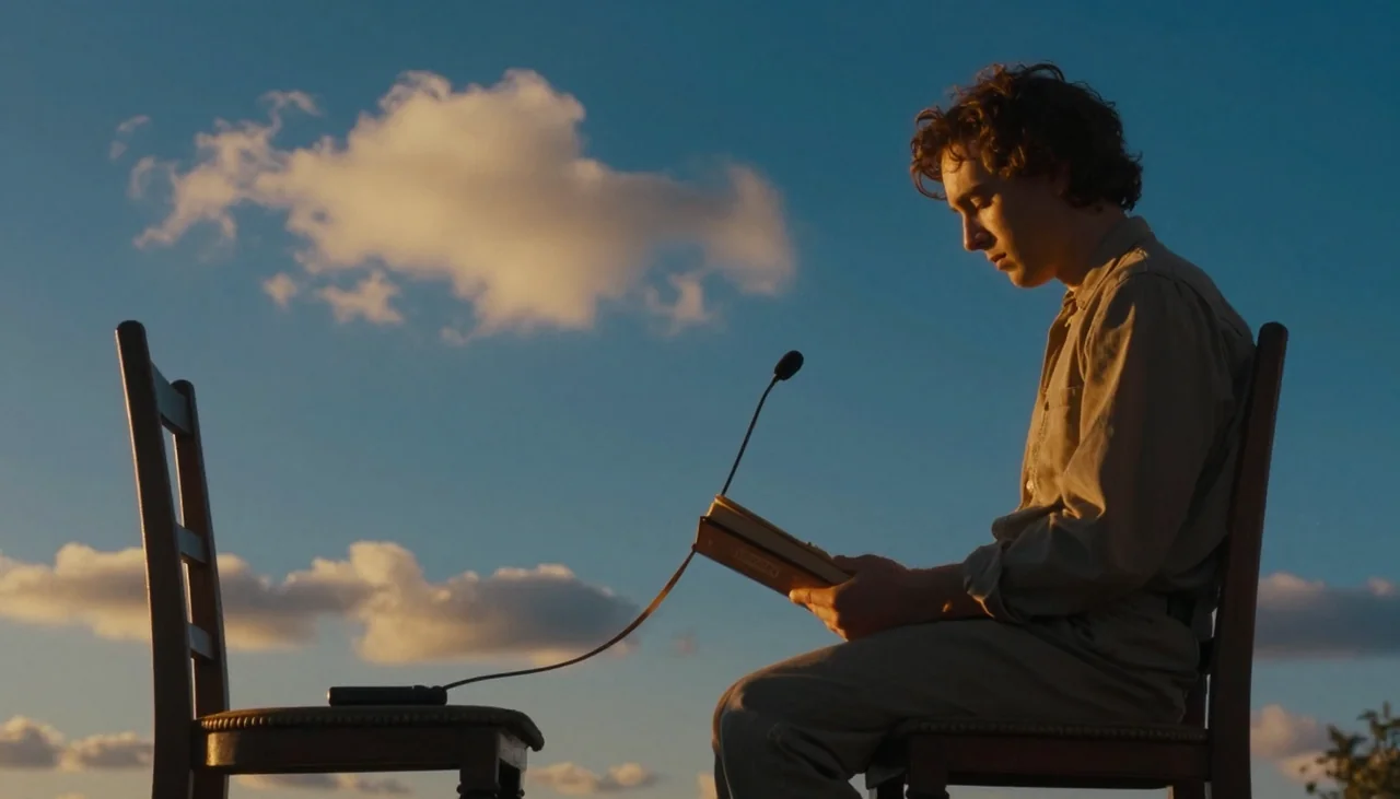 Fotografía cinematográfica para transcribir una entrevista: dos sillas frente a frente alrededor de un micrófono, con una cinta que se convierte en escritura dentro de un libro abierto.