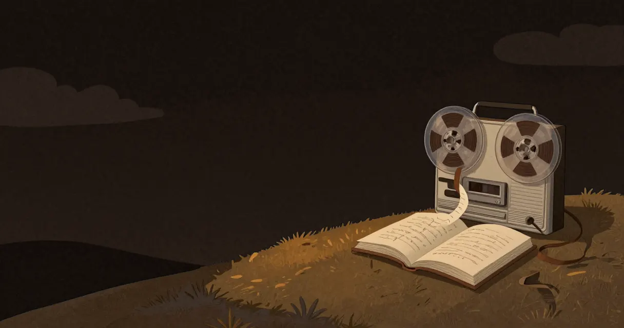 Painted illustration for transcription hallucination: a tape recorder with its tape run out beside an open book still filling with writing that trails into empty scribbles, under a dusk sky