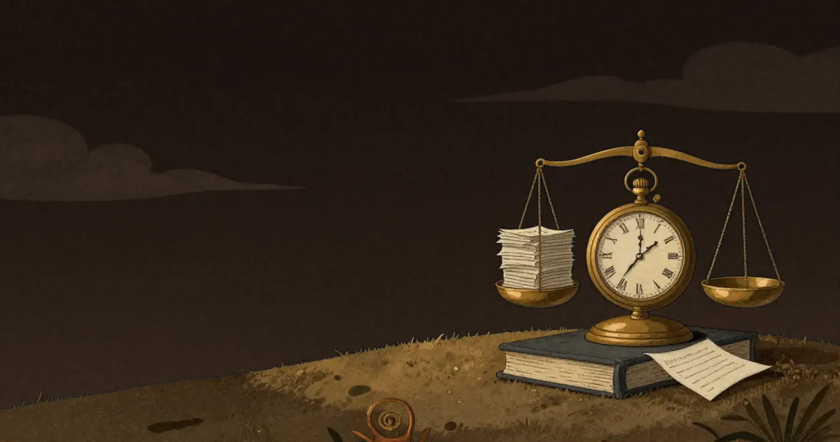 Painted illustration for the transcription time calculator: a pocket watch beside balance scales weighing a tall stack of pages against a single sheet