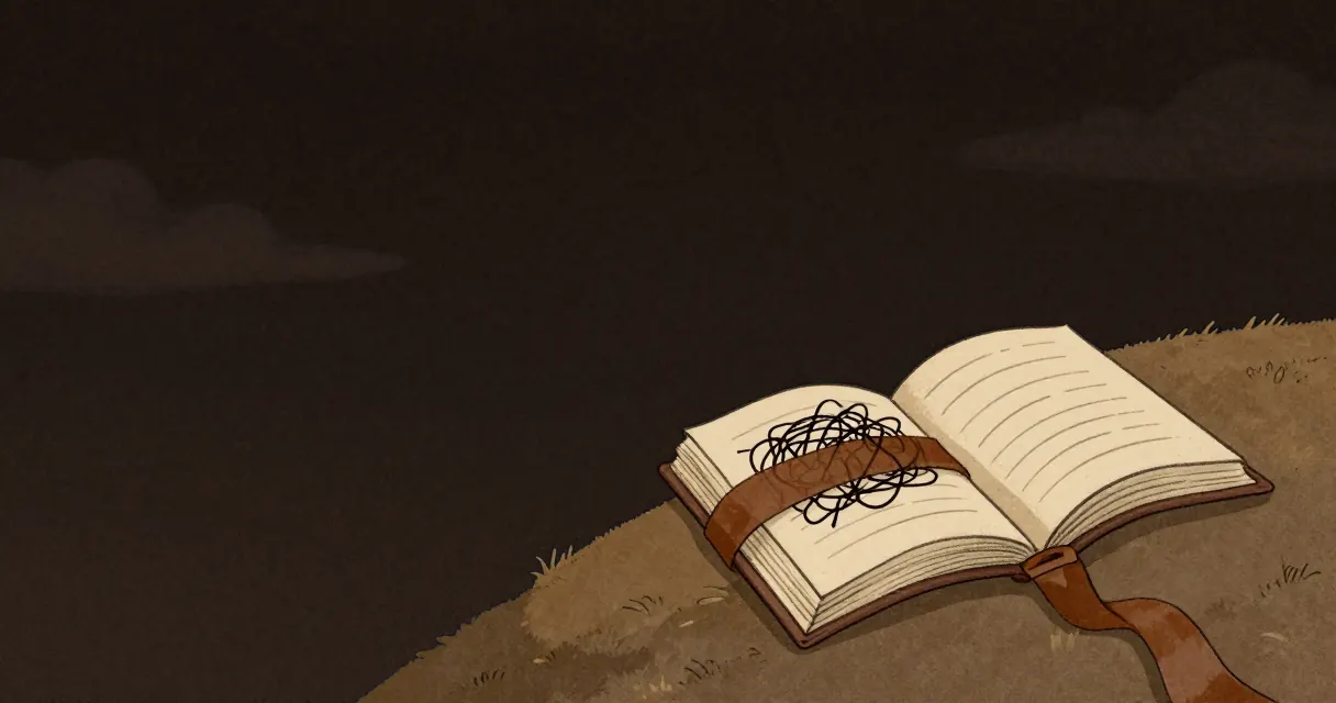 Painted illustration for verbatim vs clean verbatim: one open book, its left page holding a dense tangle of line and its right page a few clean ruled lines, under a dusk sky