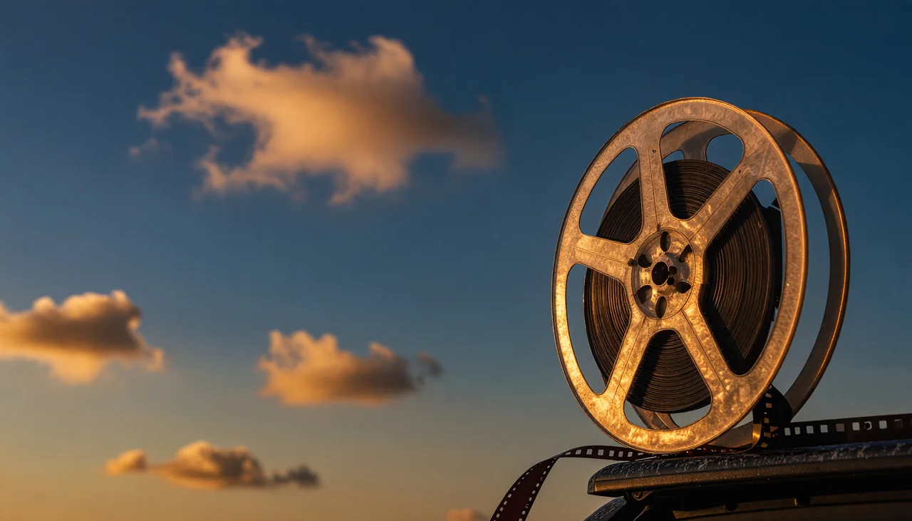 Cinematic photograph for video to SRT: a film reel linked by a thin ribbon to a folding strip of frames.