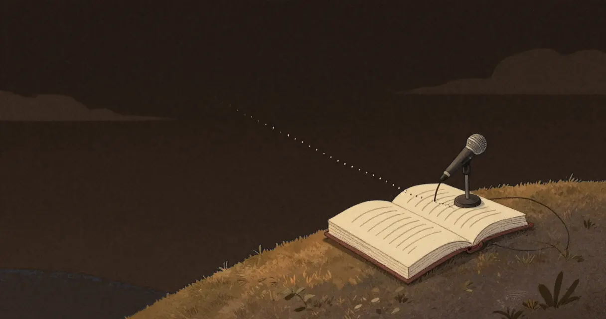 Painted illustration for voice to text: a person's speech drawn as small marks travelling from a microphone straight onto the open pages of a book