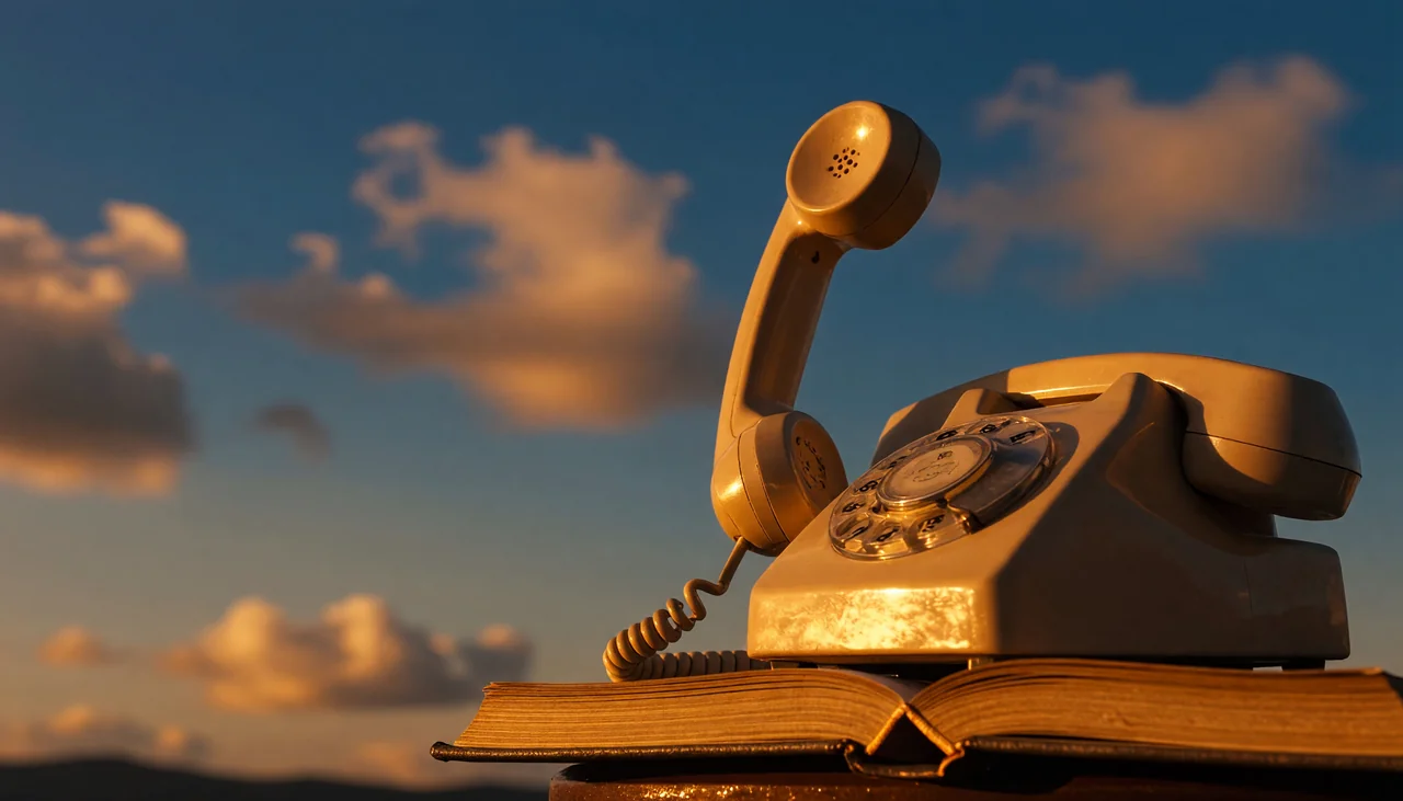 Cinematic photograph for voicemail to text: a rotary telephone receiver off the hook, its cord looping into an open book.