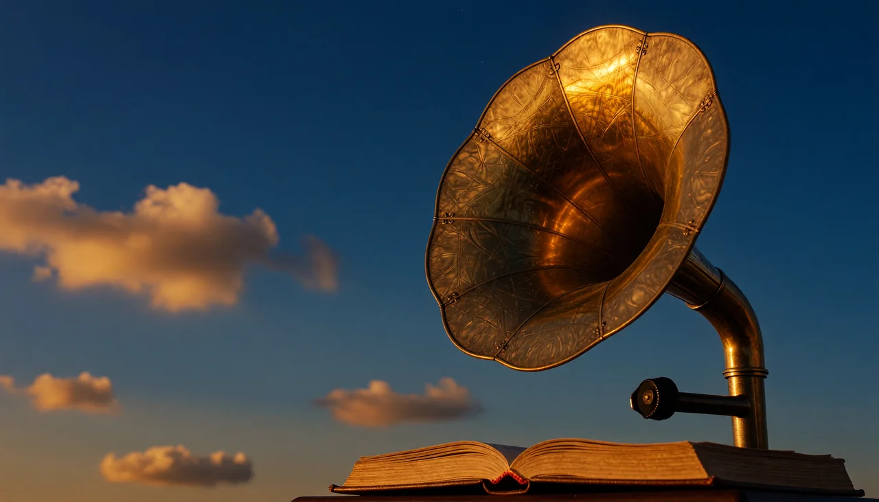 Cinematic photograph for WAV to text: a brass gramophone horn with sound spiraling down onto an open book.