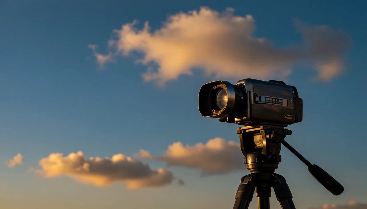 Cinematic photograph for WEBM to SRT: a flip-top video camera beside a folding strip of small frames.