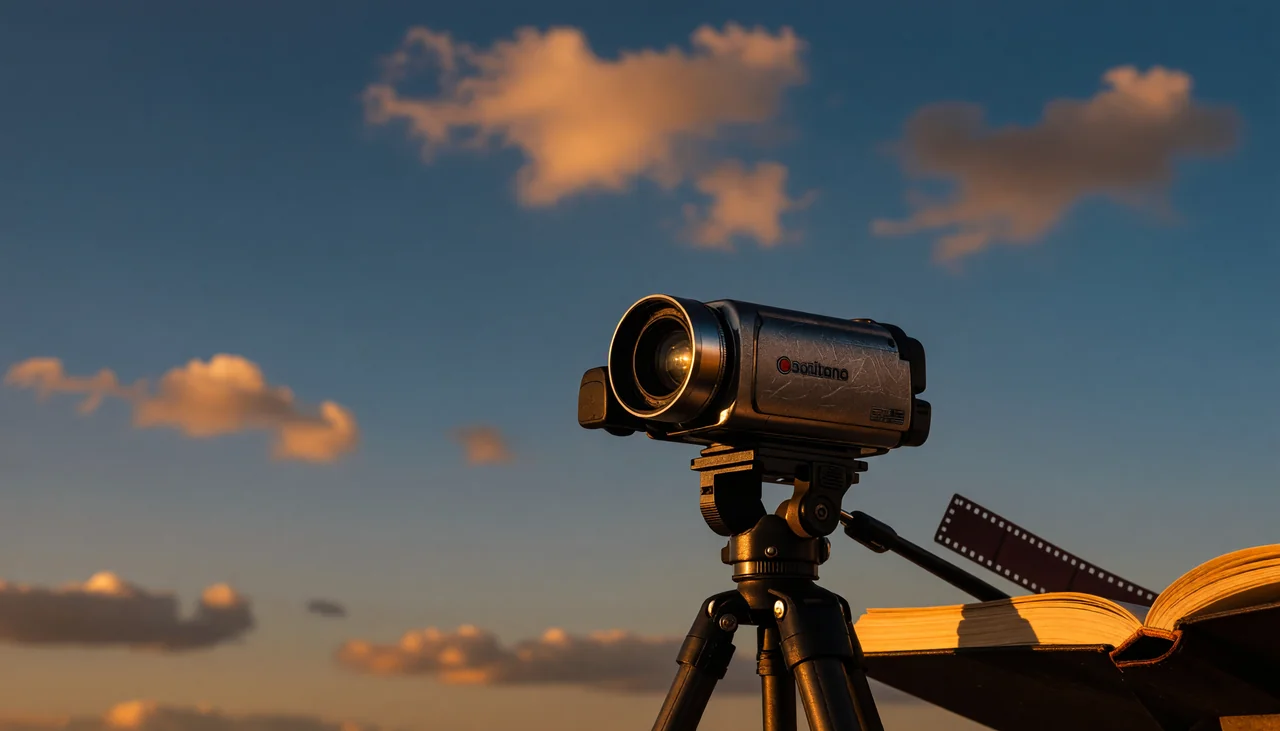 Cinematic photograph for WEBM to text: a flip-top video camera on a tripod, filmstrip trailing into an open book.