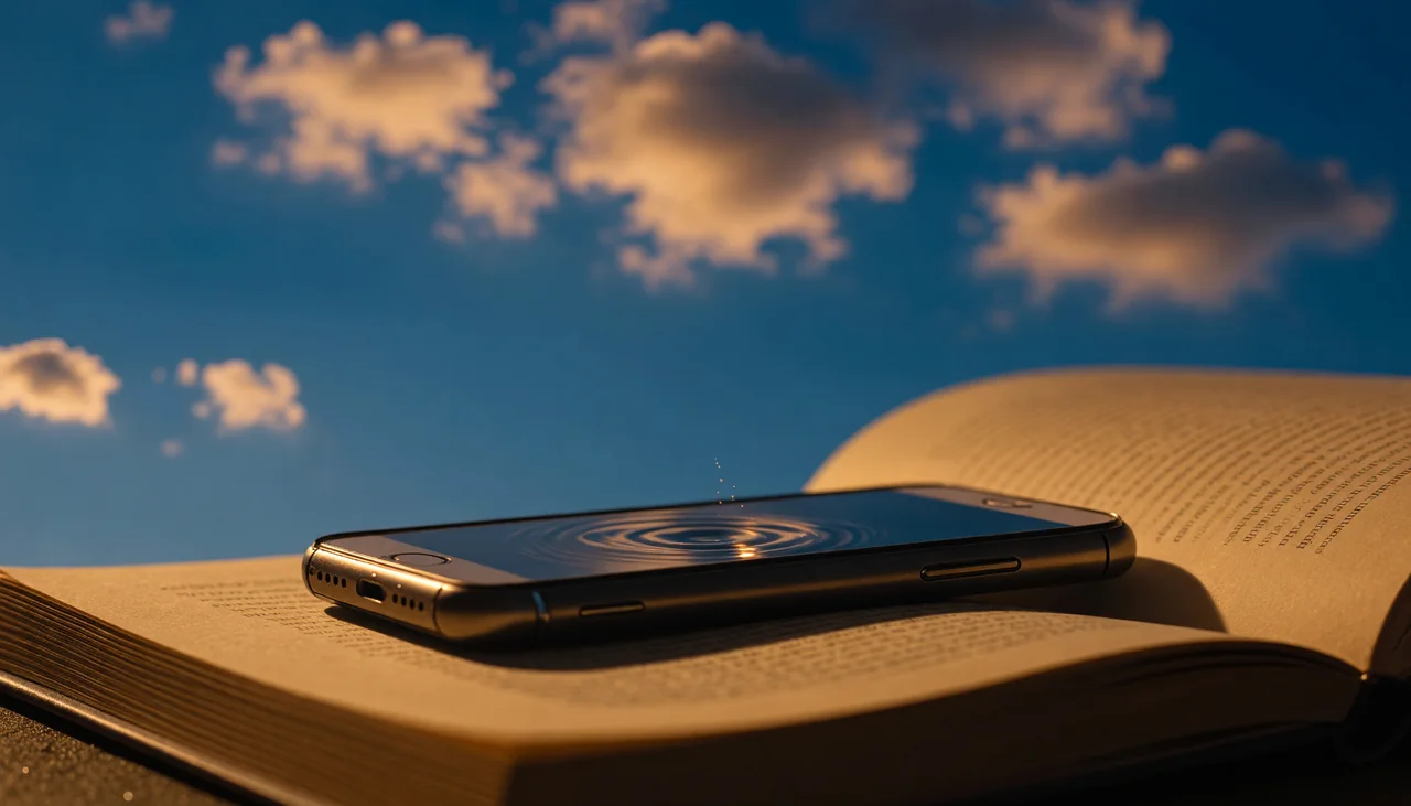 Cinematic photograph for WhatsApp voice notes: a smartphone lying flat with sound rippling into an open book.
