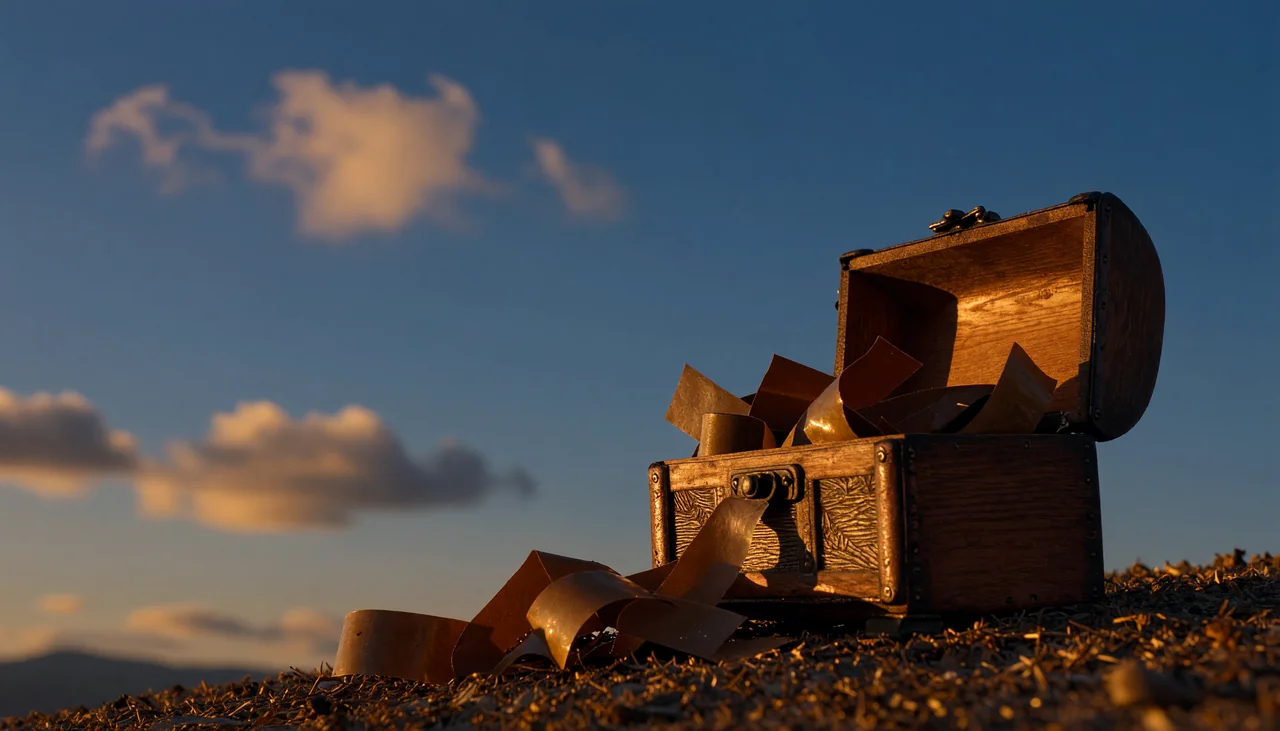 Cinematic photograph for Whisper out of memory: a small wooden chest overflowing with tape spilling past its open lid.