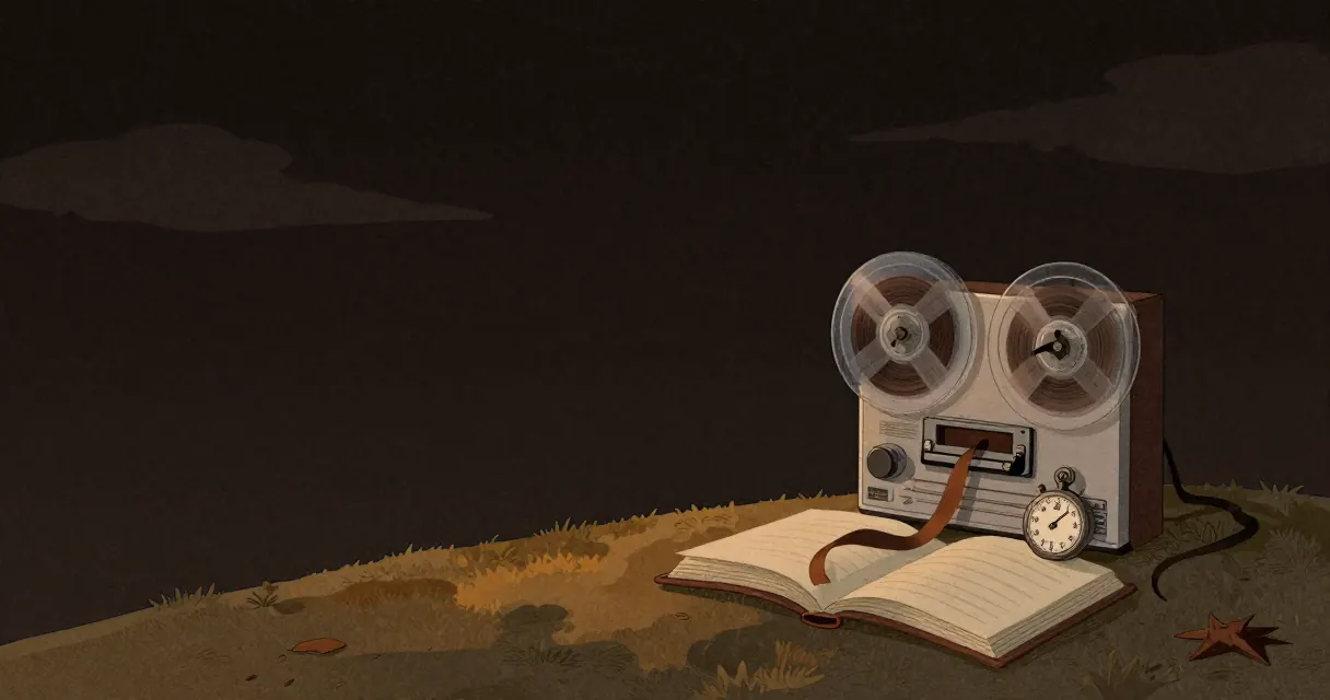 Painted illustration for Whisper speed benchmarks: a reel-to-reel tape recorder, its tape running into an open book beside a pocket stopwatch, under a dusk sky