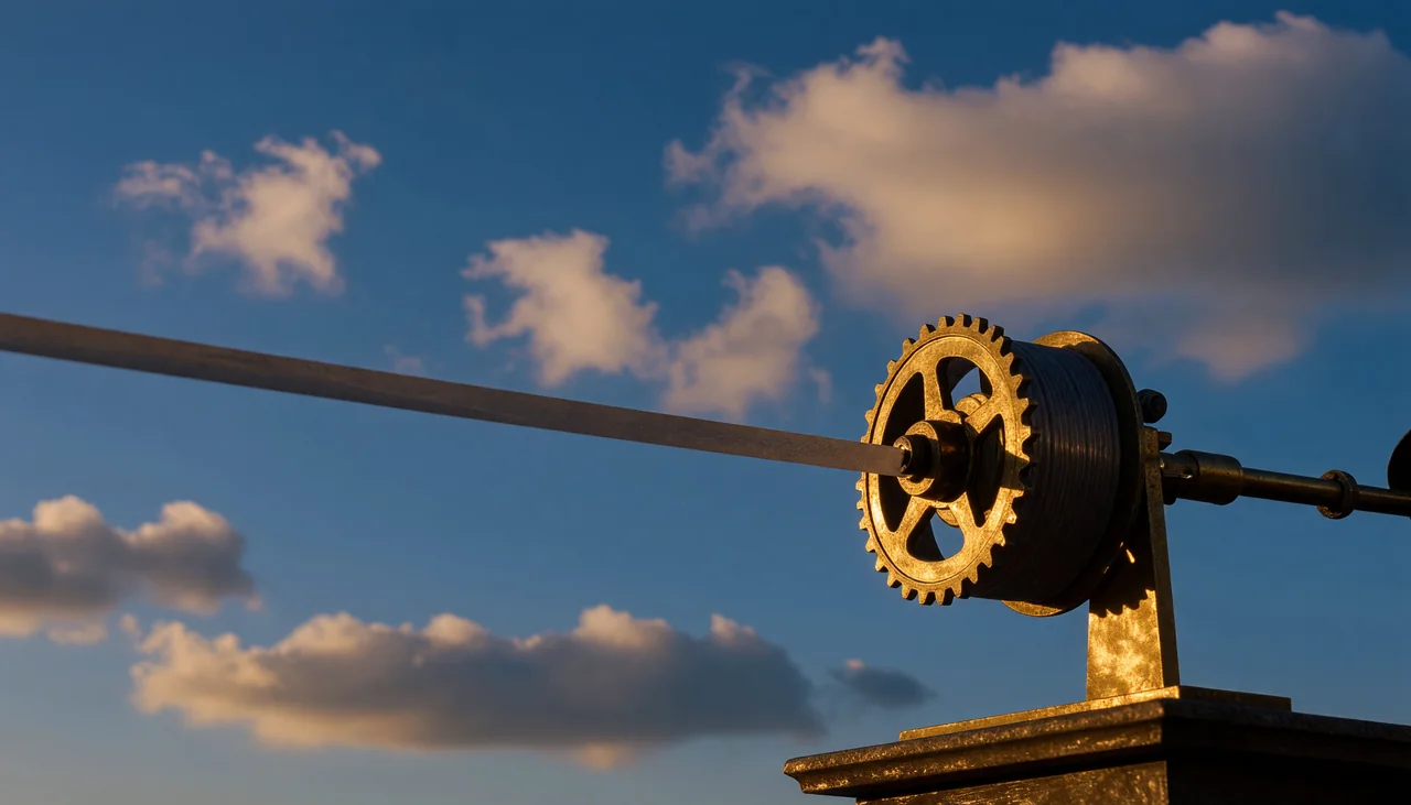 Cinematic photograph for Whisper too slow: a small brass gear mechanism straining against a taut length of tape.