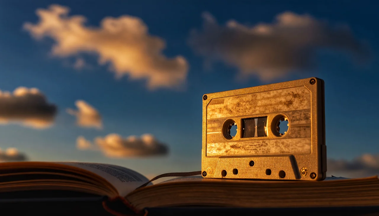 Cinematic photograph for WMA to text: a worn scuffed cassette tape with a short length trailing into an open book.