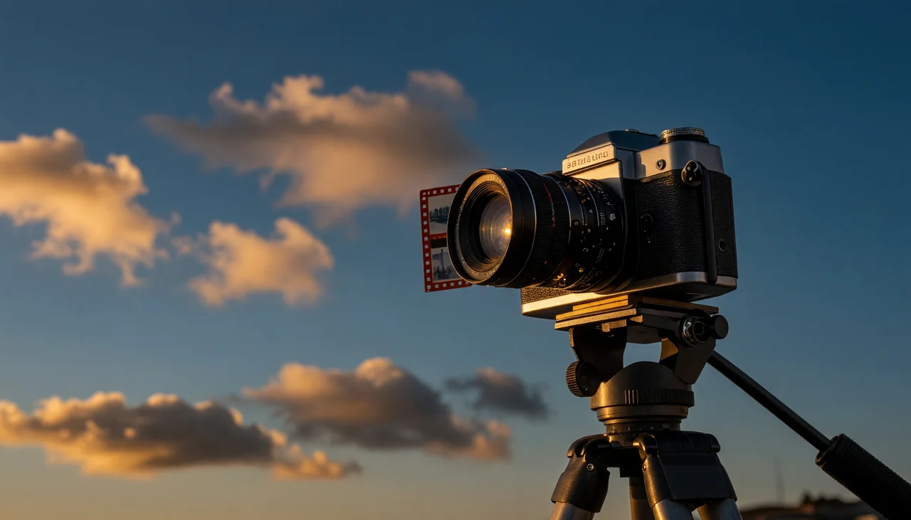 Cinematic photograph for YouTube video to subtitles: a vintage box camera on a tripod facing a folding strip of frames.